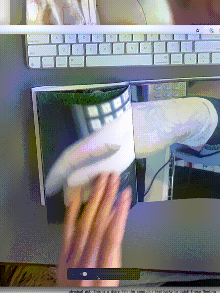 An animated flipthrough of the book. A pair of hands are seen from above, flipping through the book, showing the images inside. Also visible on the desk is a keyboard, a cup of coffee, and a smartphone.